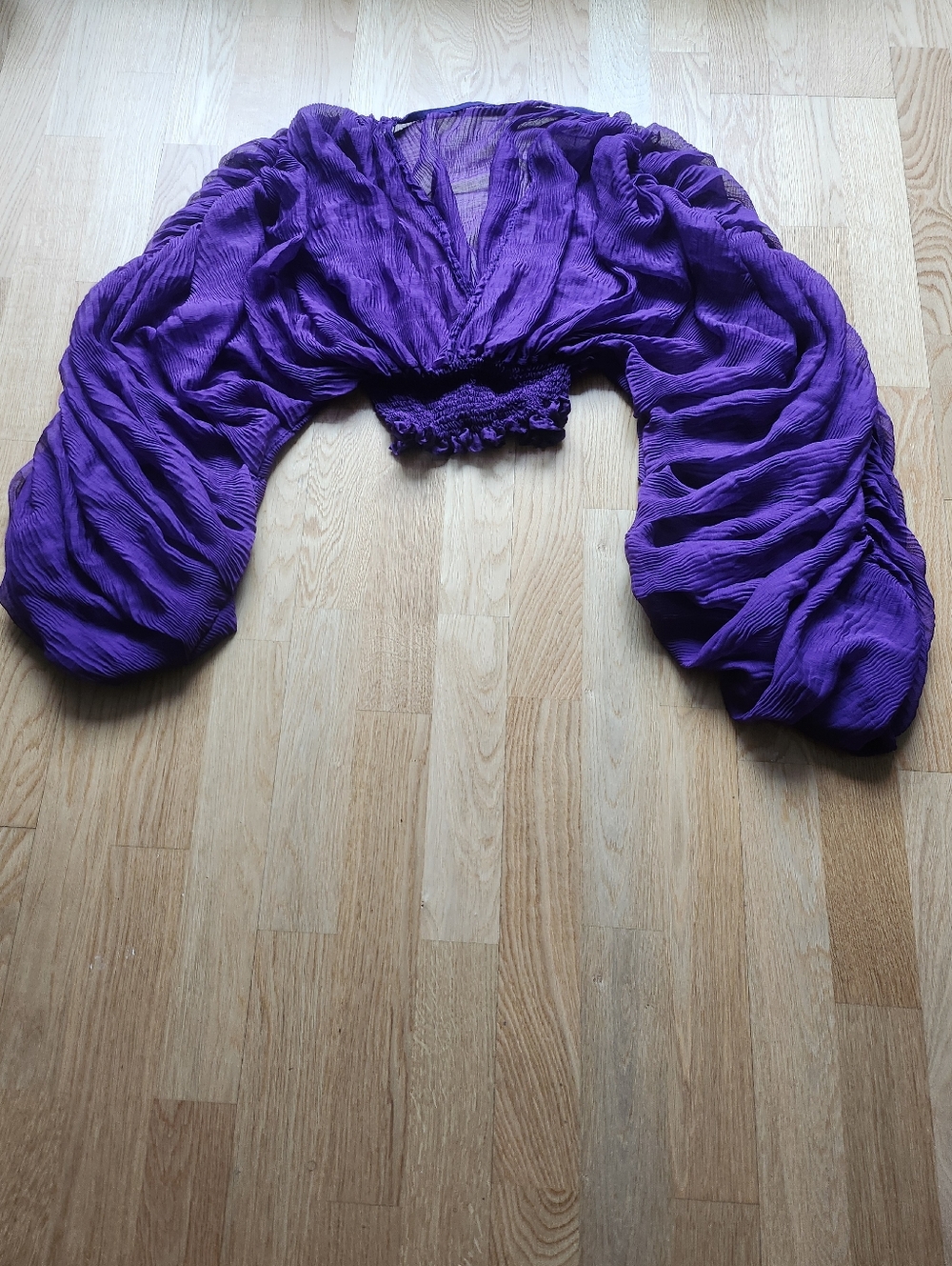 Purple Chiffon Ruched Blouse with Balloon Sleeves